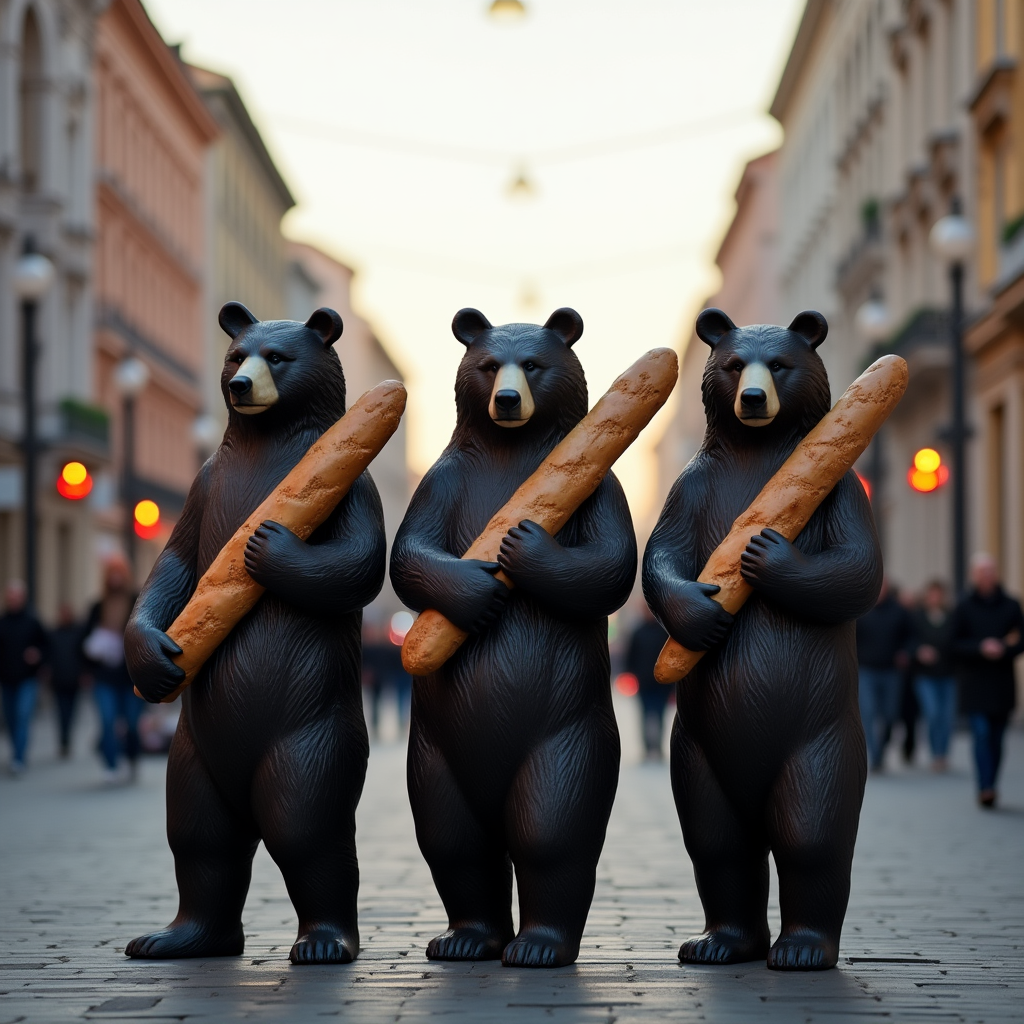 Evening Nevsky Prospekt. There are only three bears standing on it. View of the three bears from the back. The three bears are holding very long French baguettes. The three bears stand in a row, but slightly apart.