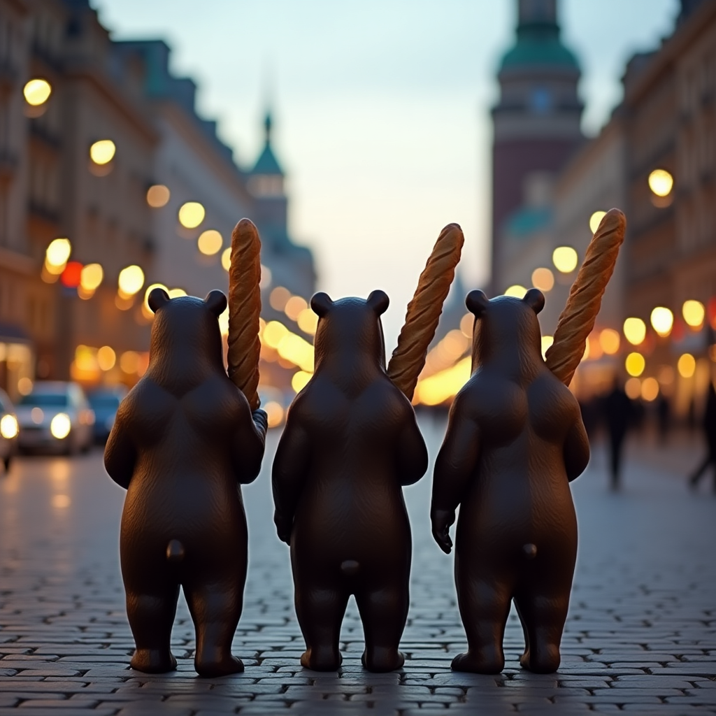Evening Nevsky Prospekt. There are only three bears standing on it. View of the three bears from the back. The three bears are holding very long French baguettes. The three bears stand in a row, but slightly apart.