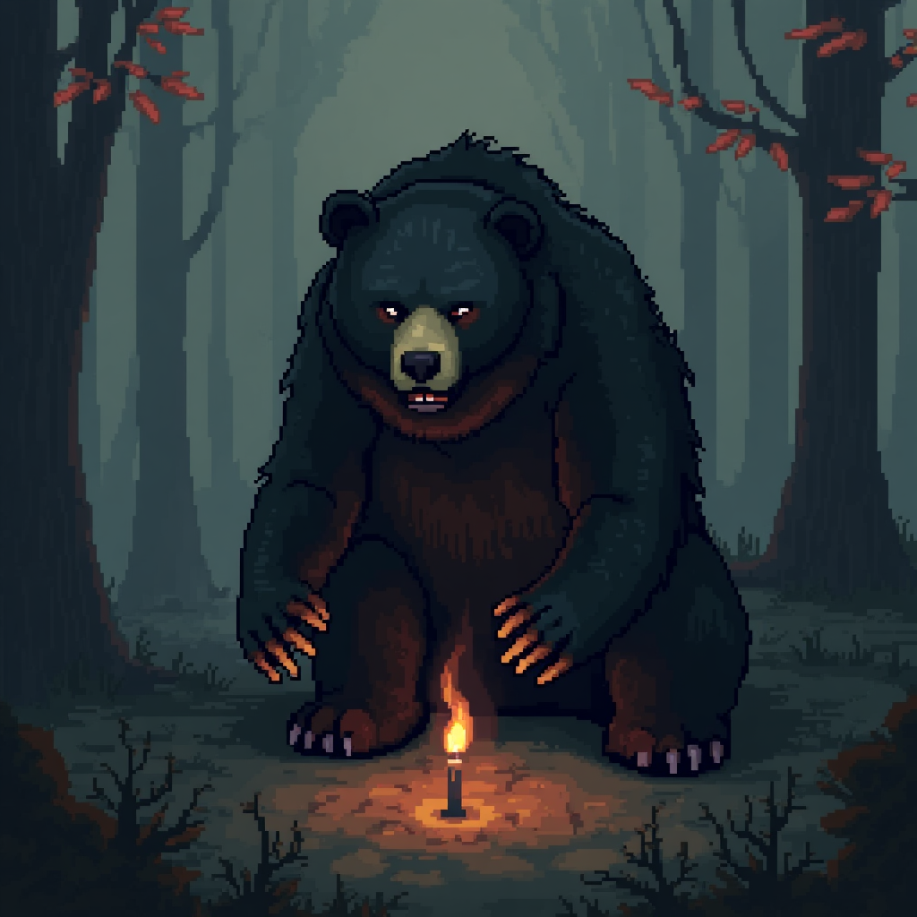 Pixel art, dark fantasy, bear, slavic